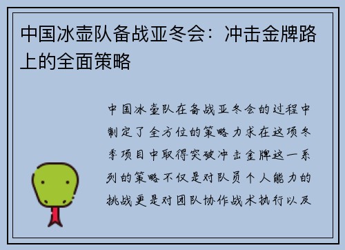 中国冰壶队备战亚冬会：冲击金牌路上的全面策略