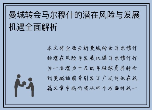 曼城转会马尔穆什的潜在风险与发展机遇全面解析
